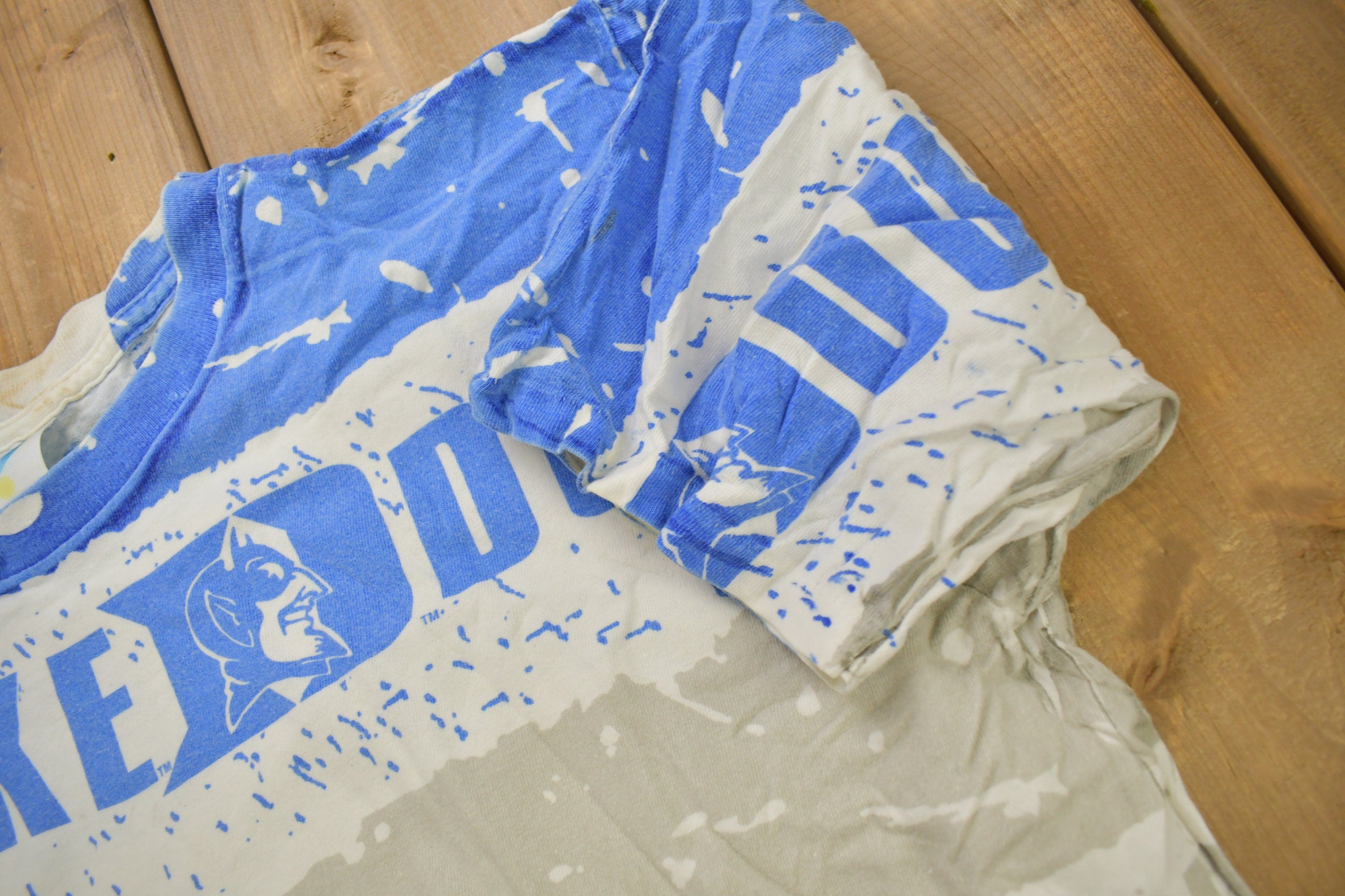 Vintage 1990s Duke University Blue Devils Collegiate T-Shirt  All Over Print  NCAA Tee  Single Stitch  Sportswear  Made In USA