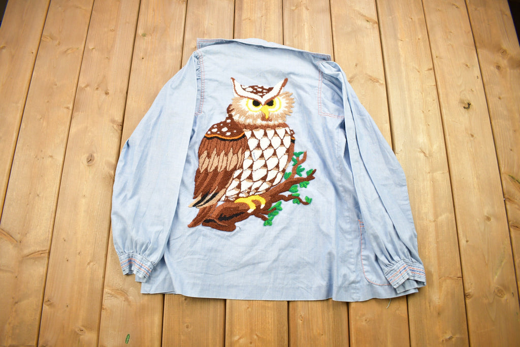 Vintage 1980s Hand Stitched Owl Theme Button Up Shirt