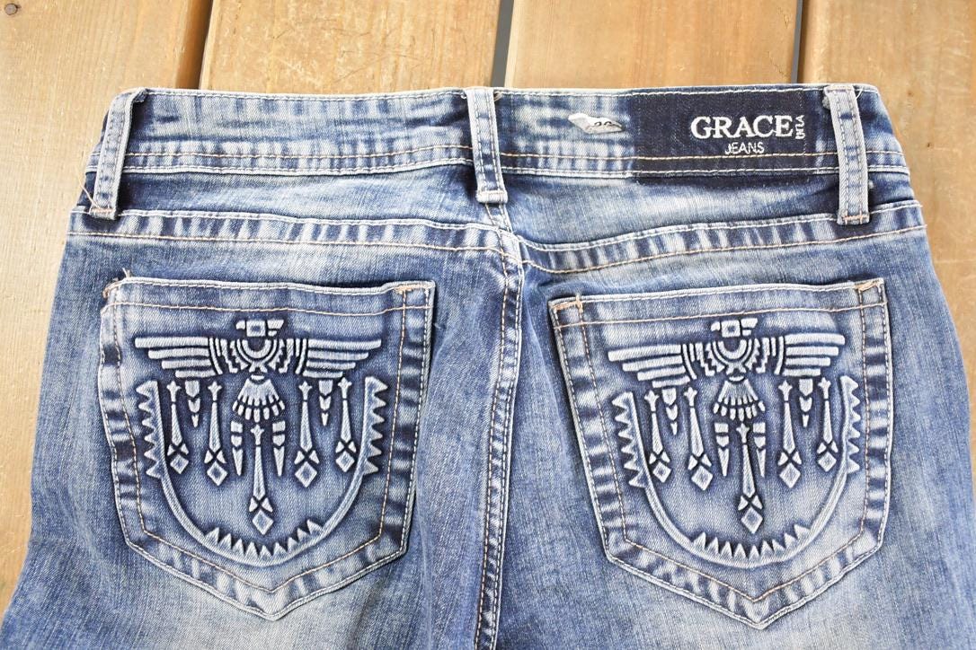Vintage Deadstock Y2K Grace In LA Bedazzled Bootcut Low Rise Jeans Women's Size 26 x 29