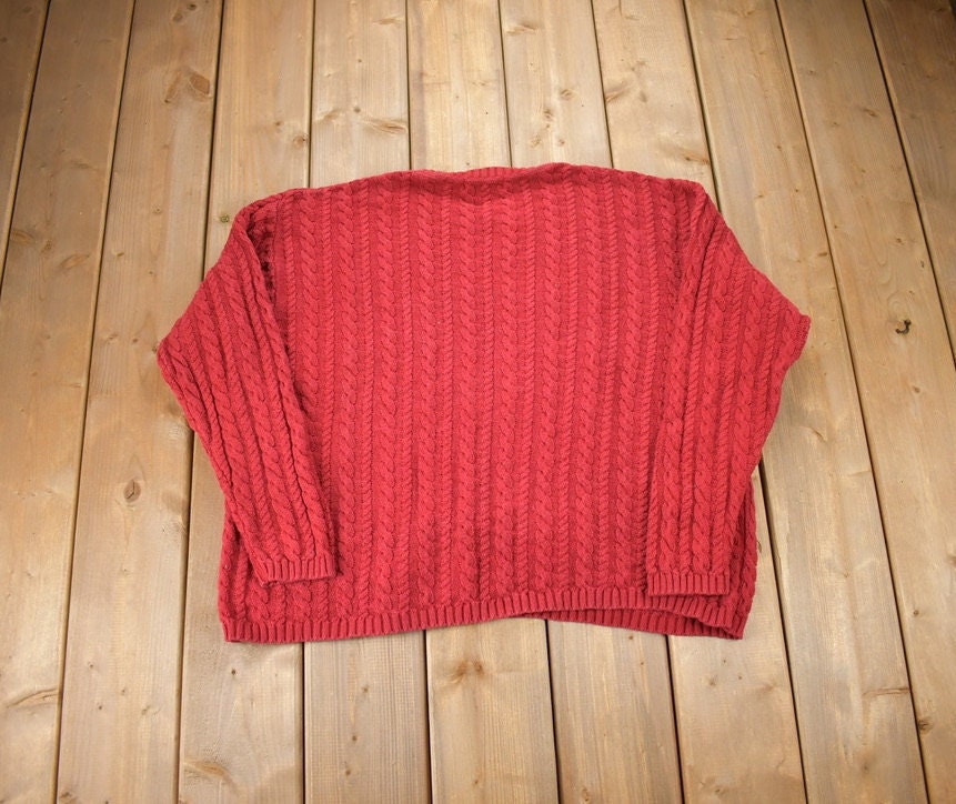 Vintage 1990s Eddie Bauer Red 3D Cable Knit Crewneck Sweater  Vintage 90s Crewneck  Abstract Patterns  Streetwear  Made In USA