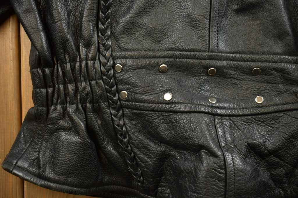 Vintage 1980s Womens Leather Braid Stud Biker Jacket