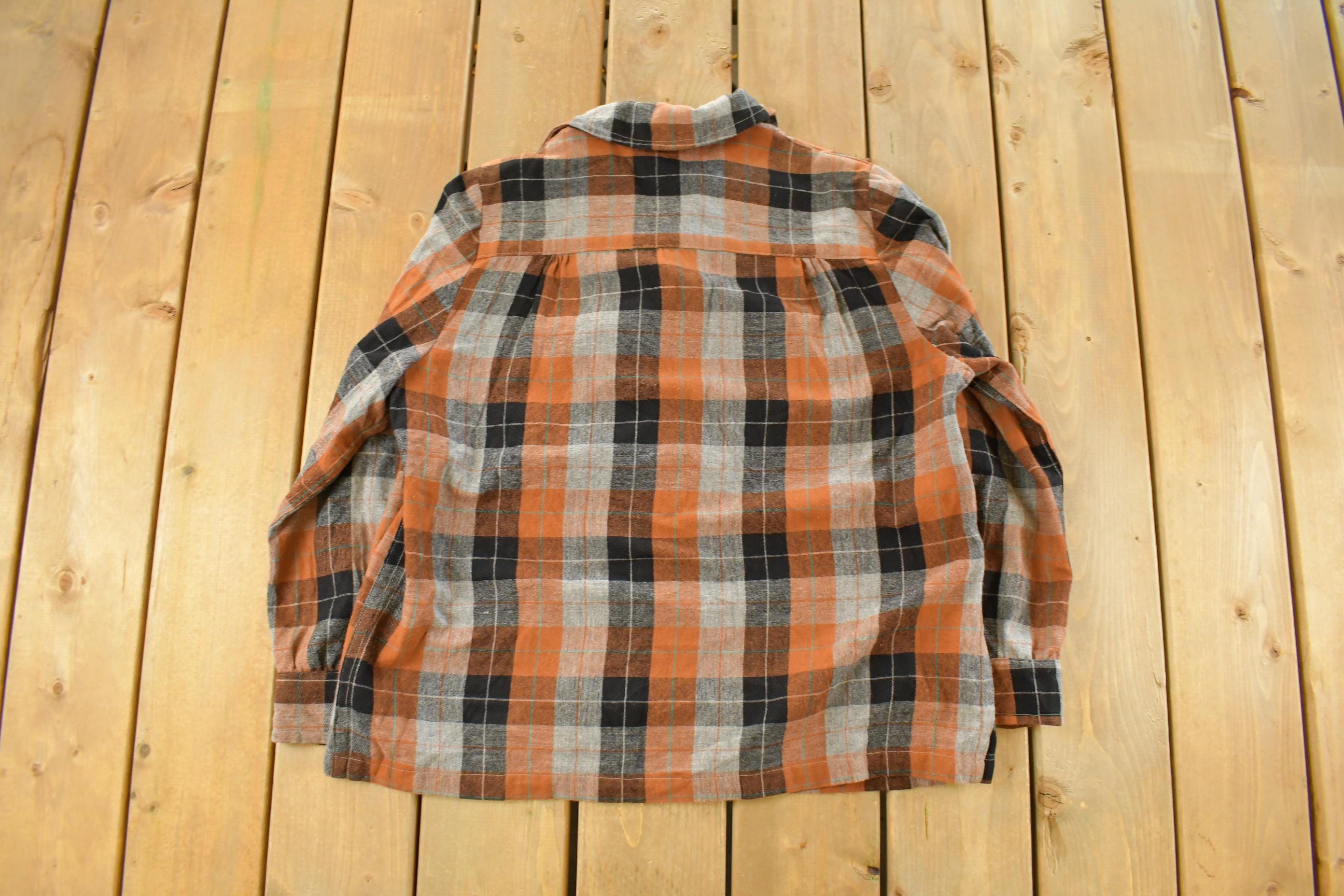 Vintage 1970s Flannel Wool Plaid Button Up Blazer Shirt Women's Large