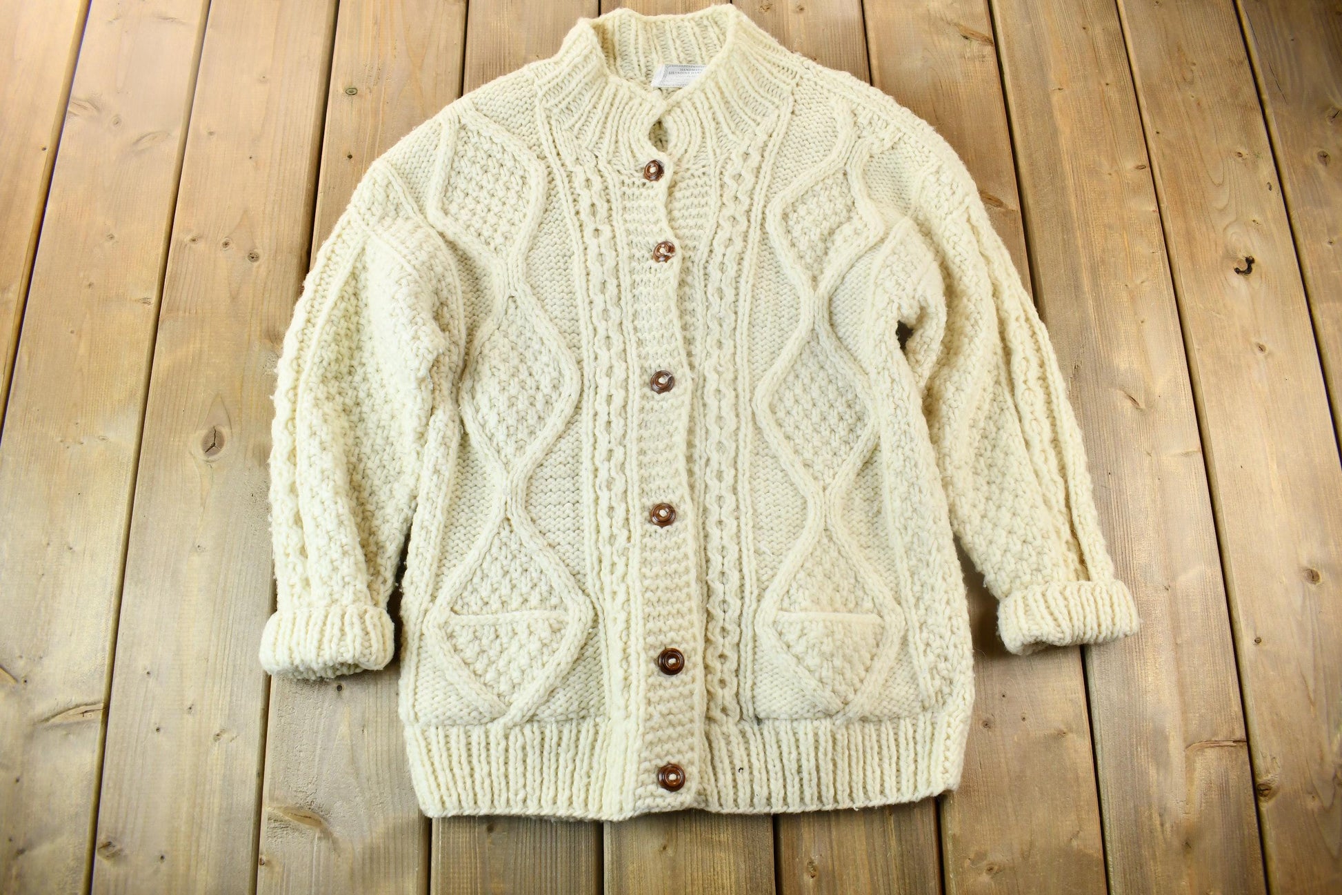 Vintage 1980s 3D Cable Knit Cardigan Sweater