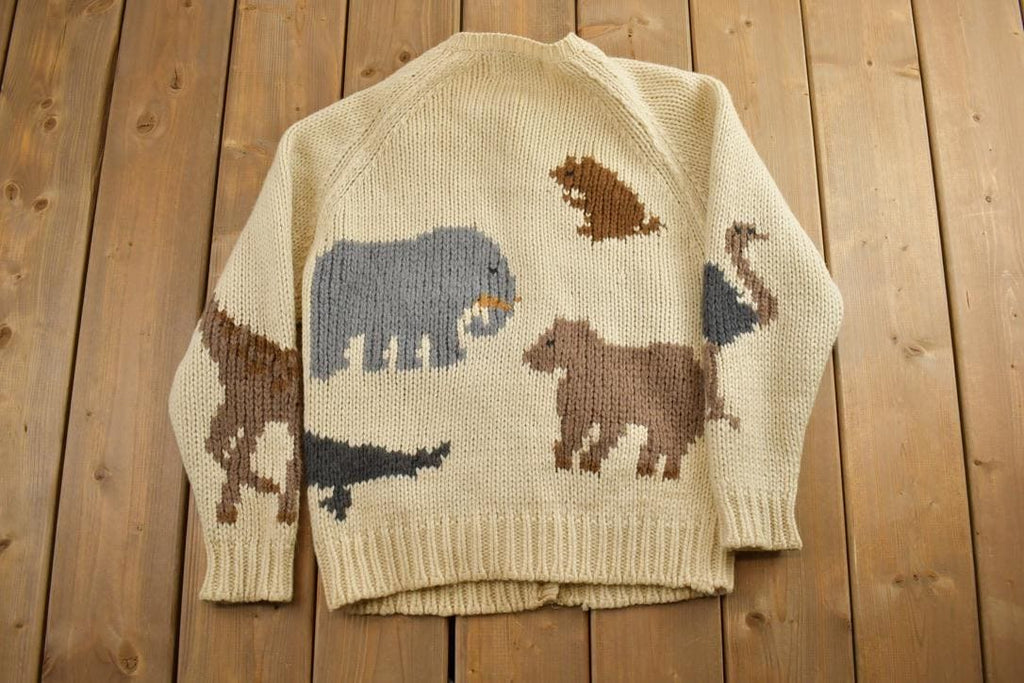 Vintage 1990s Marisa Christina Hand Knitted Wool Knit Full Button All Over Print Zoo Animal Crewneck Sweater