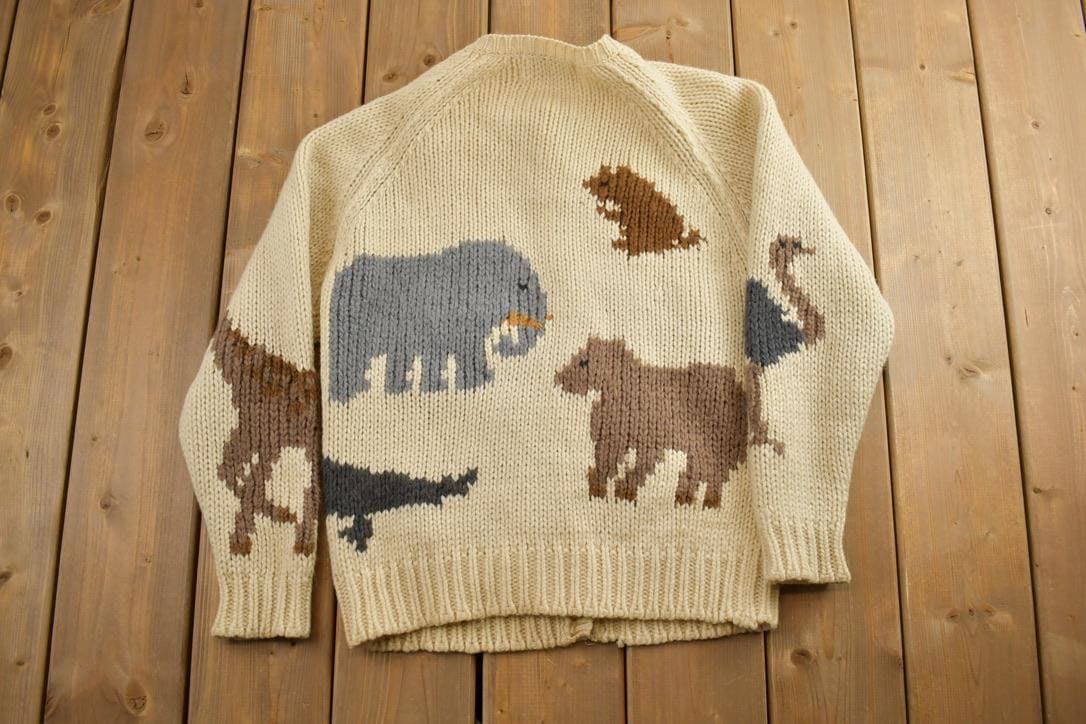 Vintage 1990s Marisa Christina Hand Knitted Wool Knit Full Button All Over Print Zoo Animal Crewneck Sweater