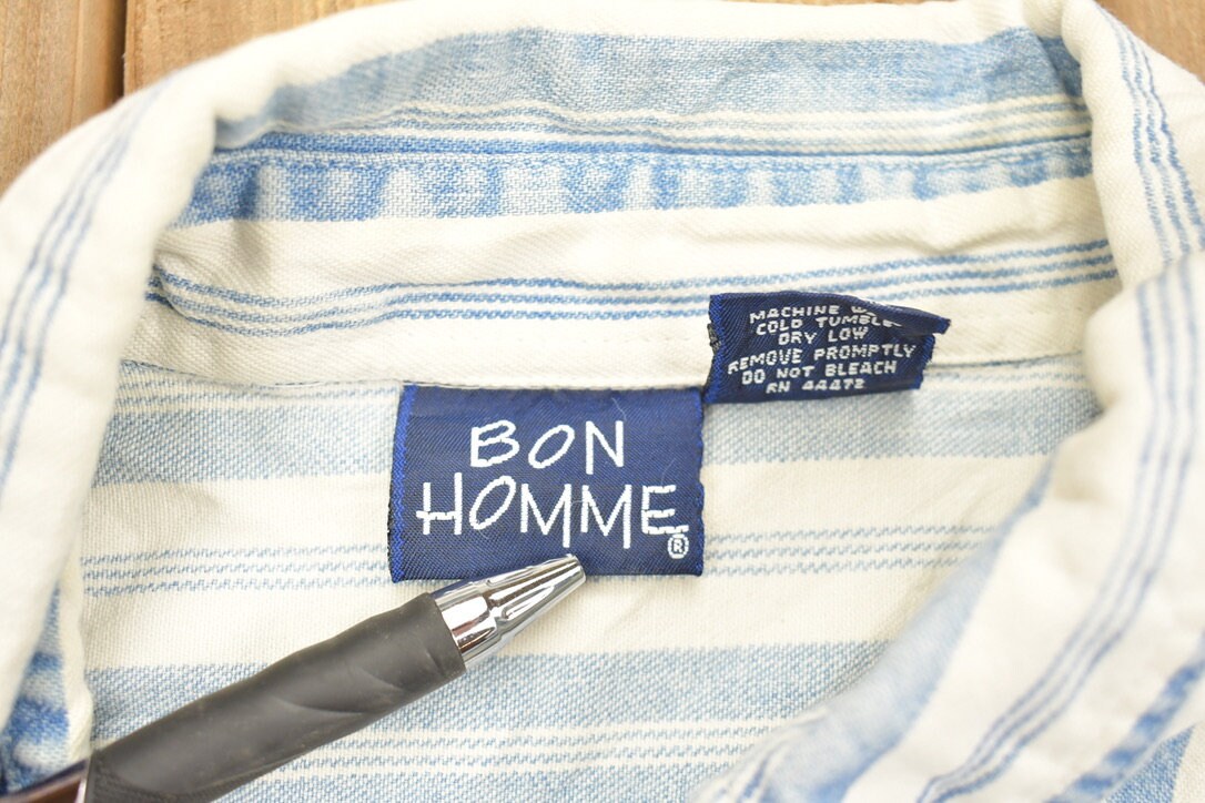 Vintage 1990s Bon Homme Striped Button Up Shirt / 1990s Button Up / Vintage Flannel / Basic Button Up / Formal Button Up