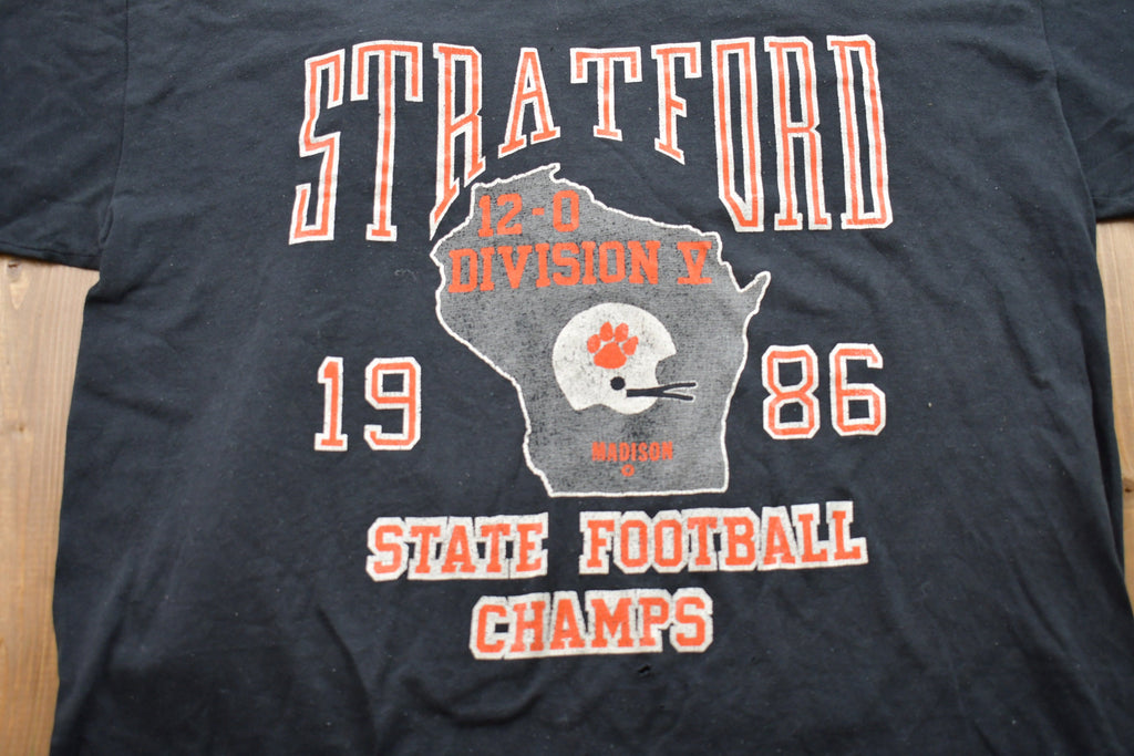 Vintage 1986 Stratford State Football Champs Russell Athletics T-Shirt