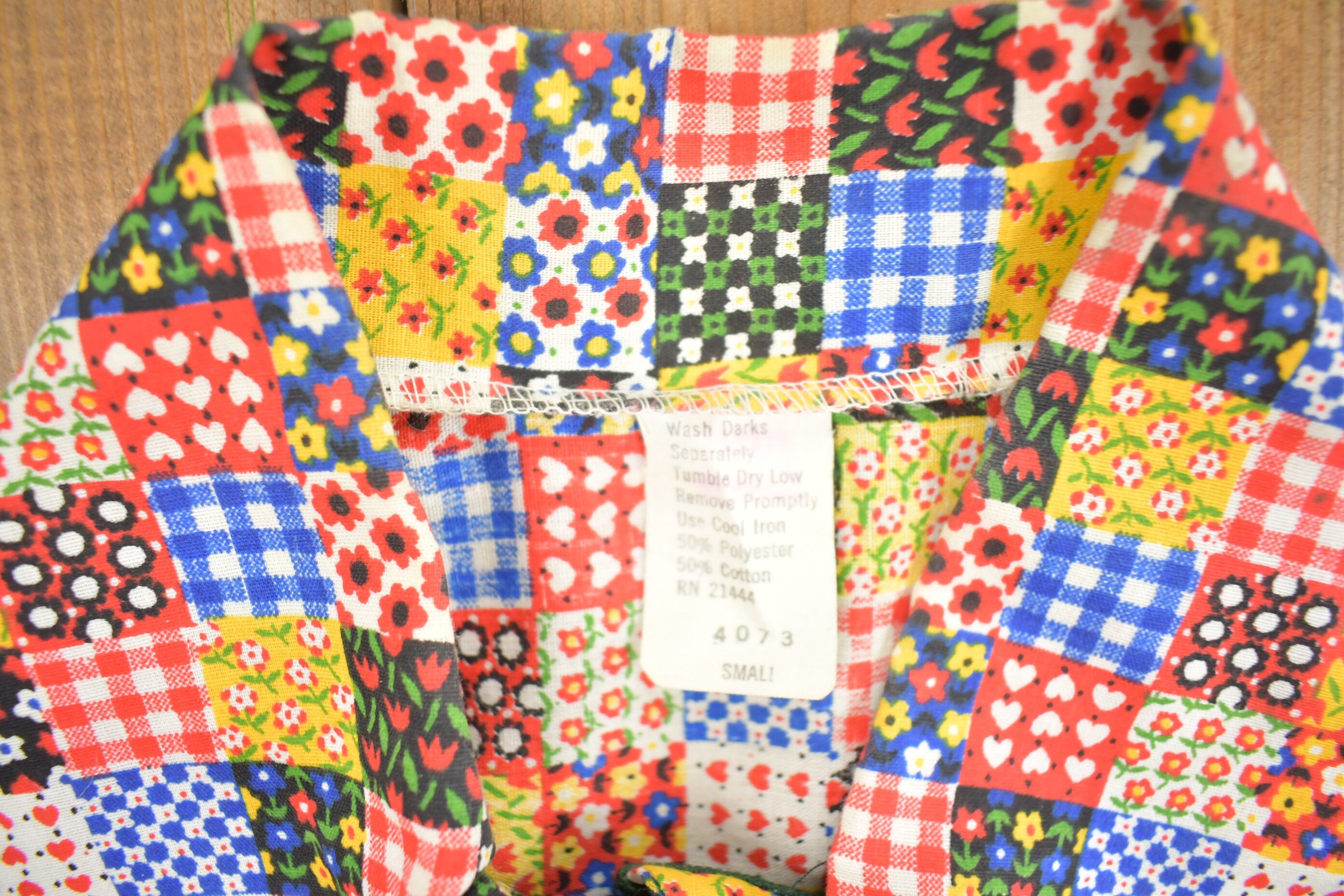Vintage 1960s Patchwork Button Up Short Sleeve Polyester Shirt /