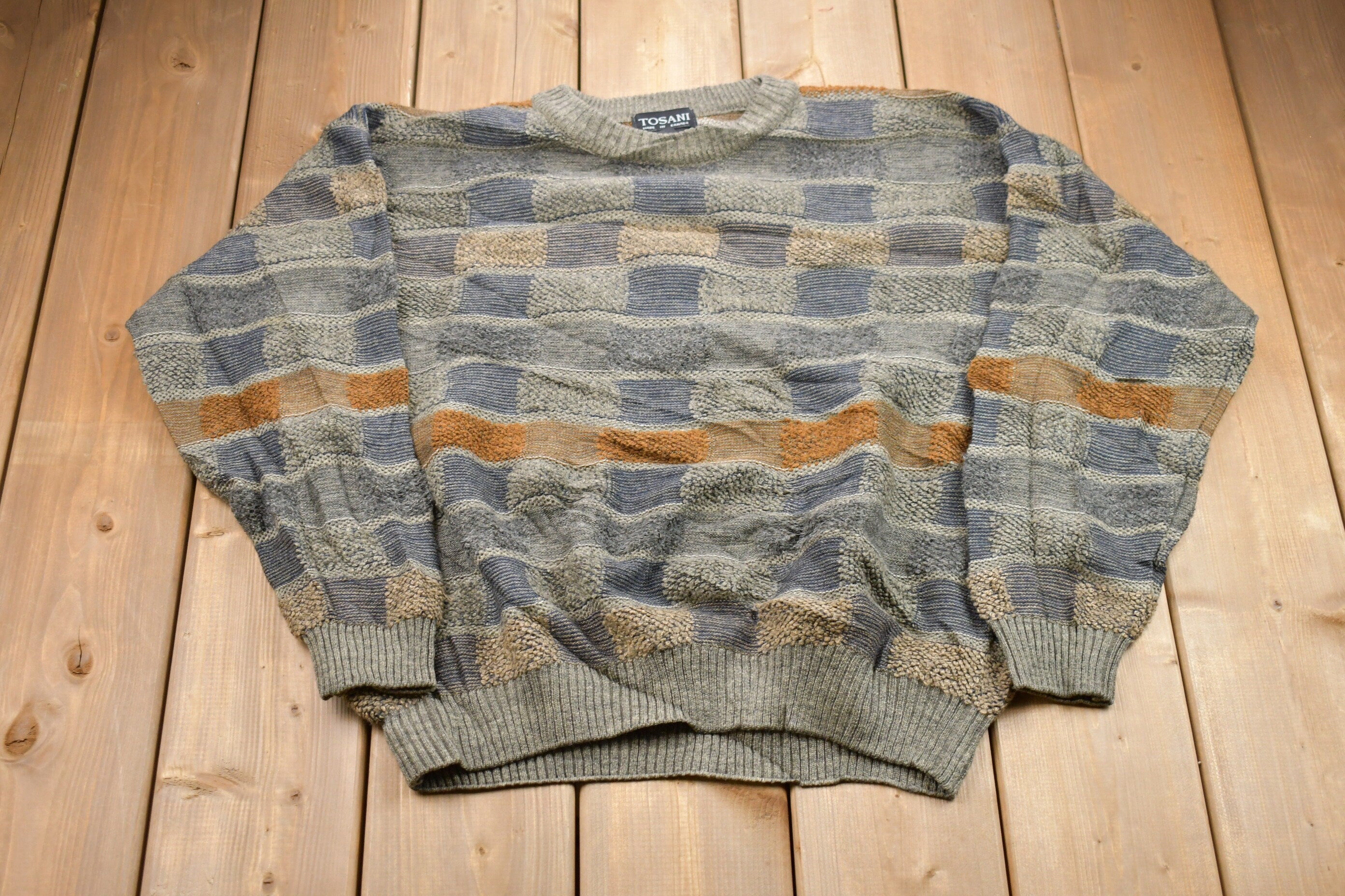 Vintage 1990s Tosani Abstract Knitted Sweater  Vintage 90s Crewneck  Pattern Sweater  Outdoor  Pullover Sweatshirt  Made In Canada