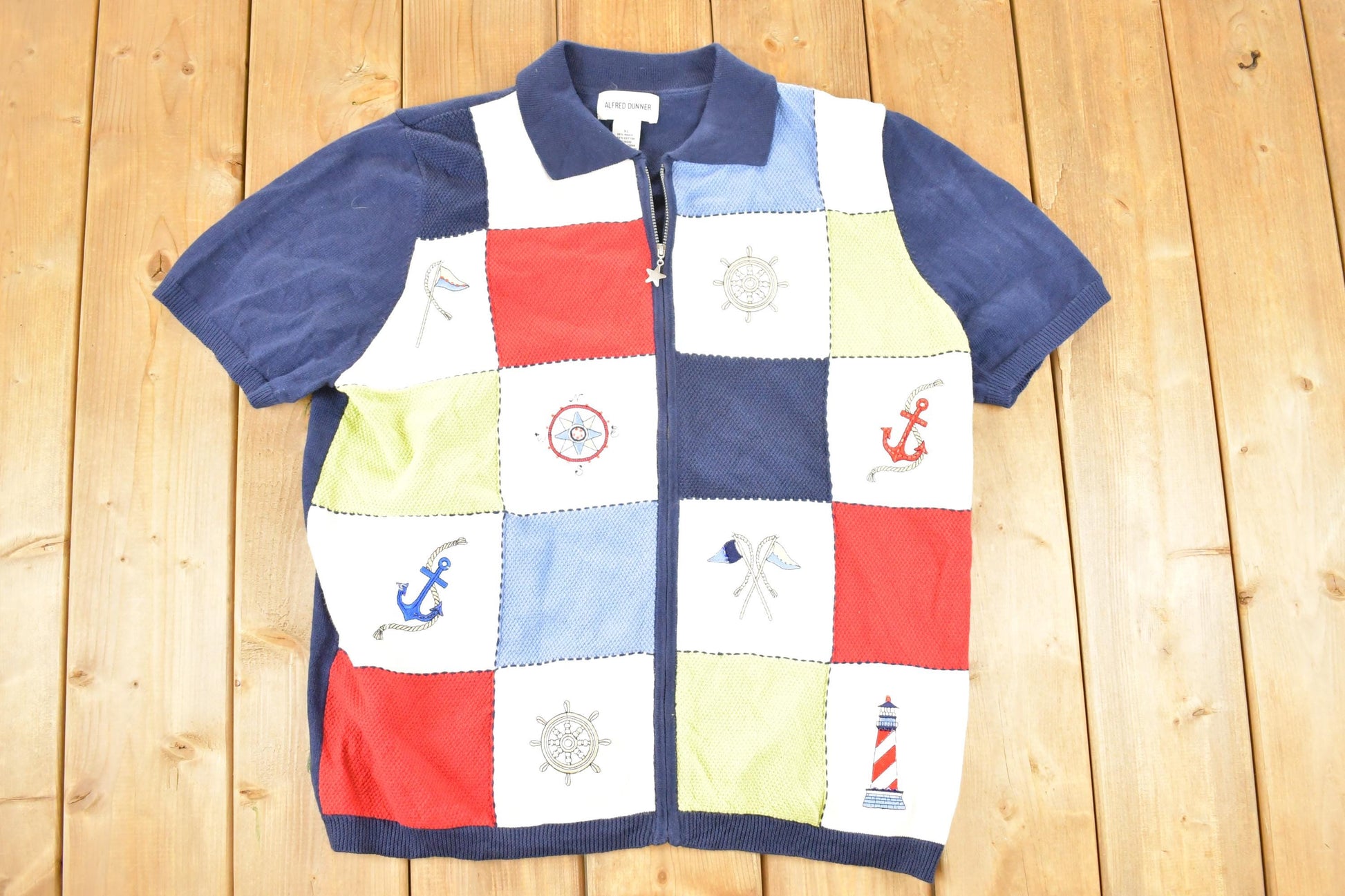 Vintage 1990s Alfred Dunner Nautical Theme Boating Knit Crewneck Sweater Mens M / 90s Knitted Sweatshirt / Vintage Preppy Knits /