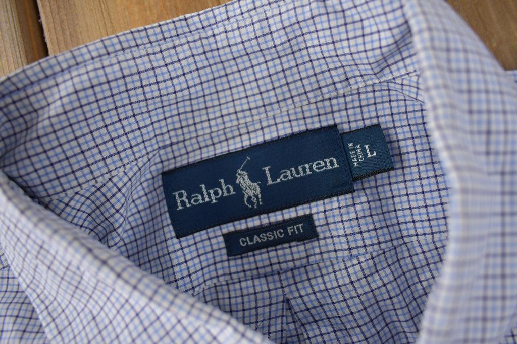 Vintage 1990s Ralph Lauren Plaid Button Up Classic Fit Dress Shirt Size L