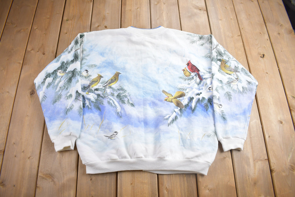 Vintage 1990s Artisans Winter Cardinals Theme All Over Print Button Up Sweater