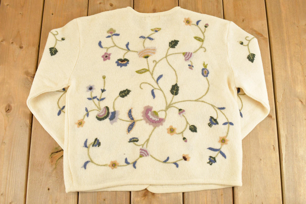 Vintage 1990s Cold Water Creek Floral AOP Wool Knit Cardigan Sweater Women's M