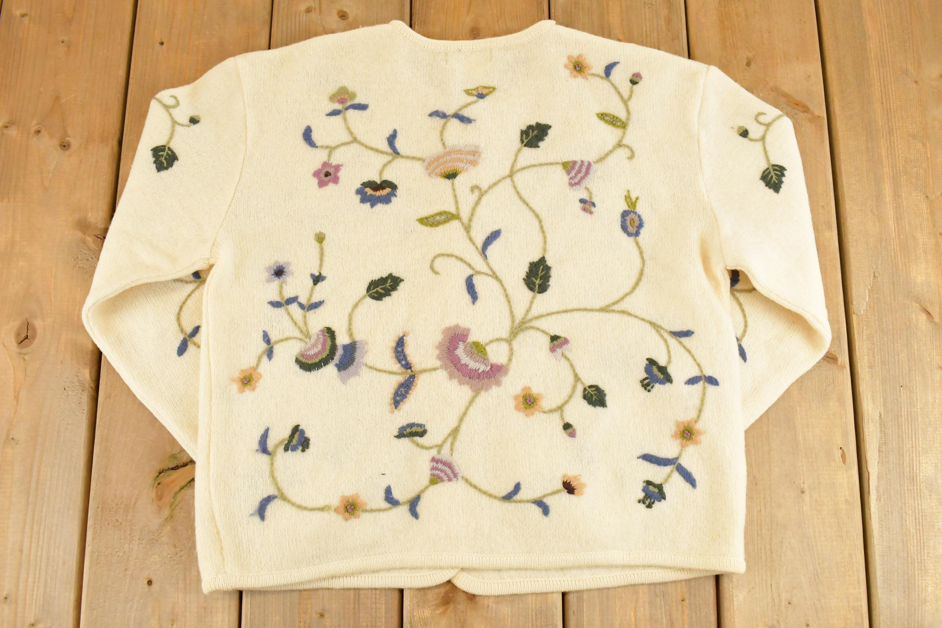 Vintage 1990s Cold Water Creek Floral AOP Wool Knit Cardigan Sweater Women's M