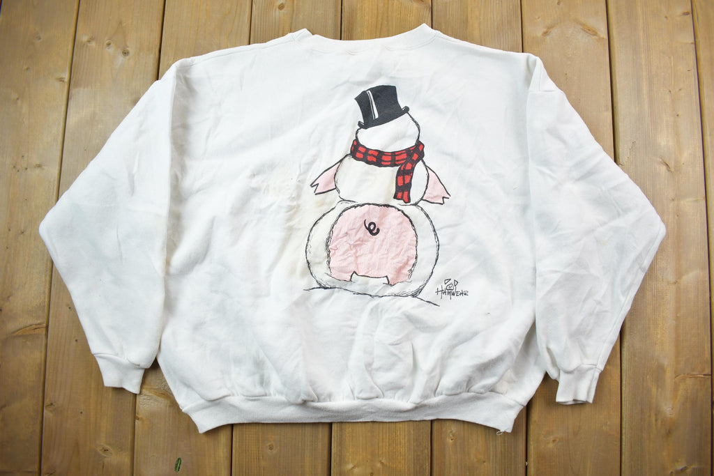 Vintage 1990s Cute Snowman Crewneck Sweater / 90s Crewneck / Grandma Sweater / Streetwear / Animal Theme / Pig