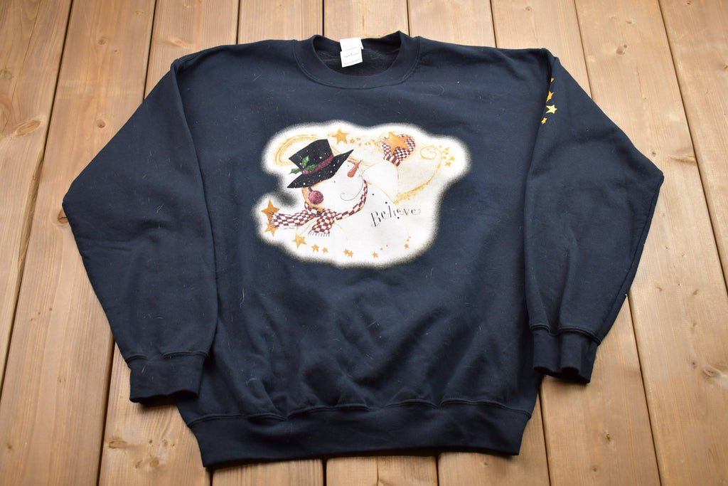 Vintage 1990s Snowman Christmas Graphic Crewneck , Stars Print , Vintage Winter Sweatshirt , Believe Spell Out Print , Holiday Pullover