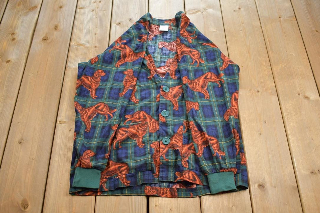 Vintage 1990s S.C.R.U.B.S Golden Retriver Plaid Cardigan Button Up Shirt Made In USA