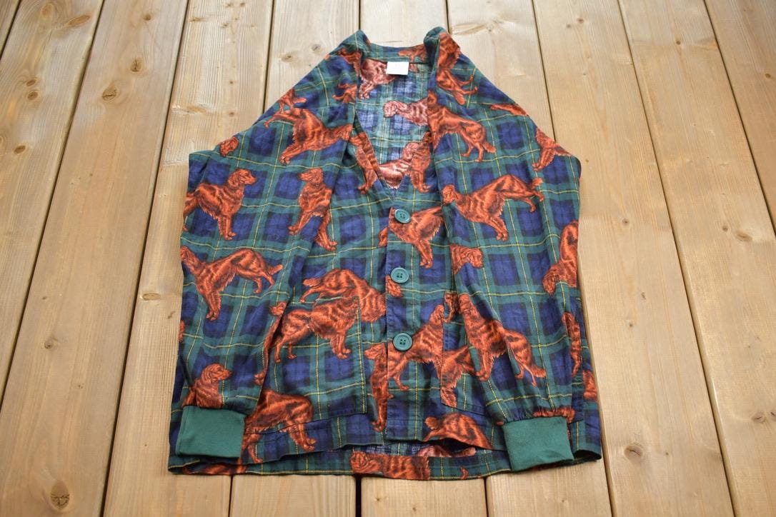 Vintage 1990s S.C.R.U.B.S Golden Retriver Plaid Cardigan Button Up Shirt Made In USA
