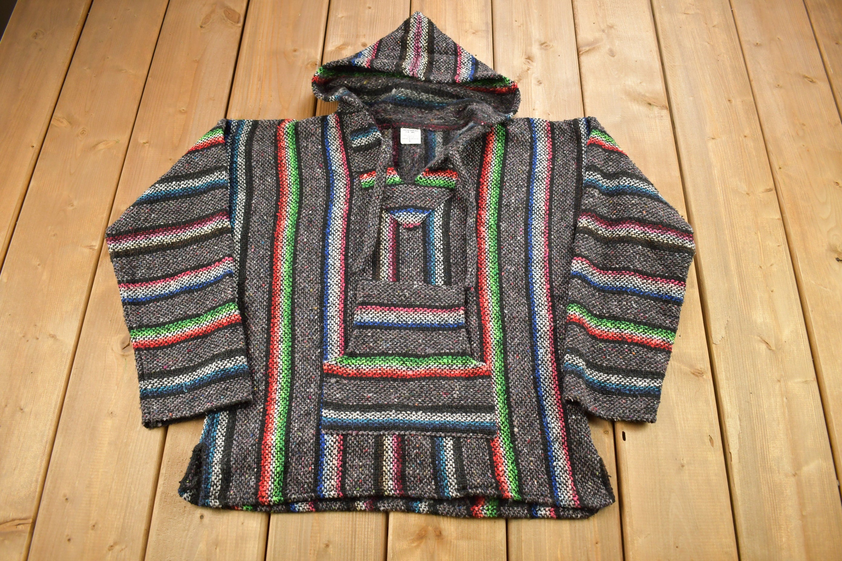Vintage 1990s Artesania Hooded Pullover Striped Knit Poncho Blanket Hoodie