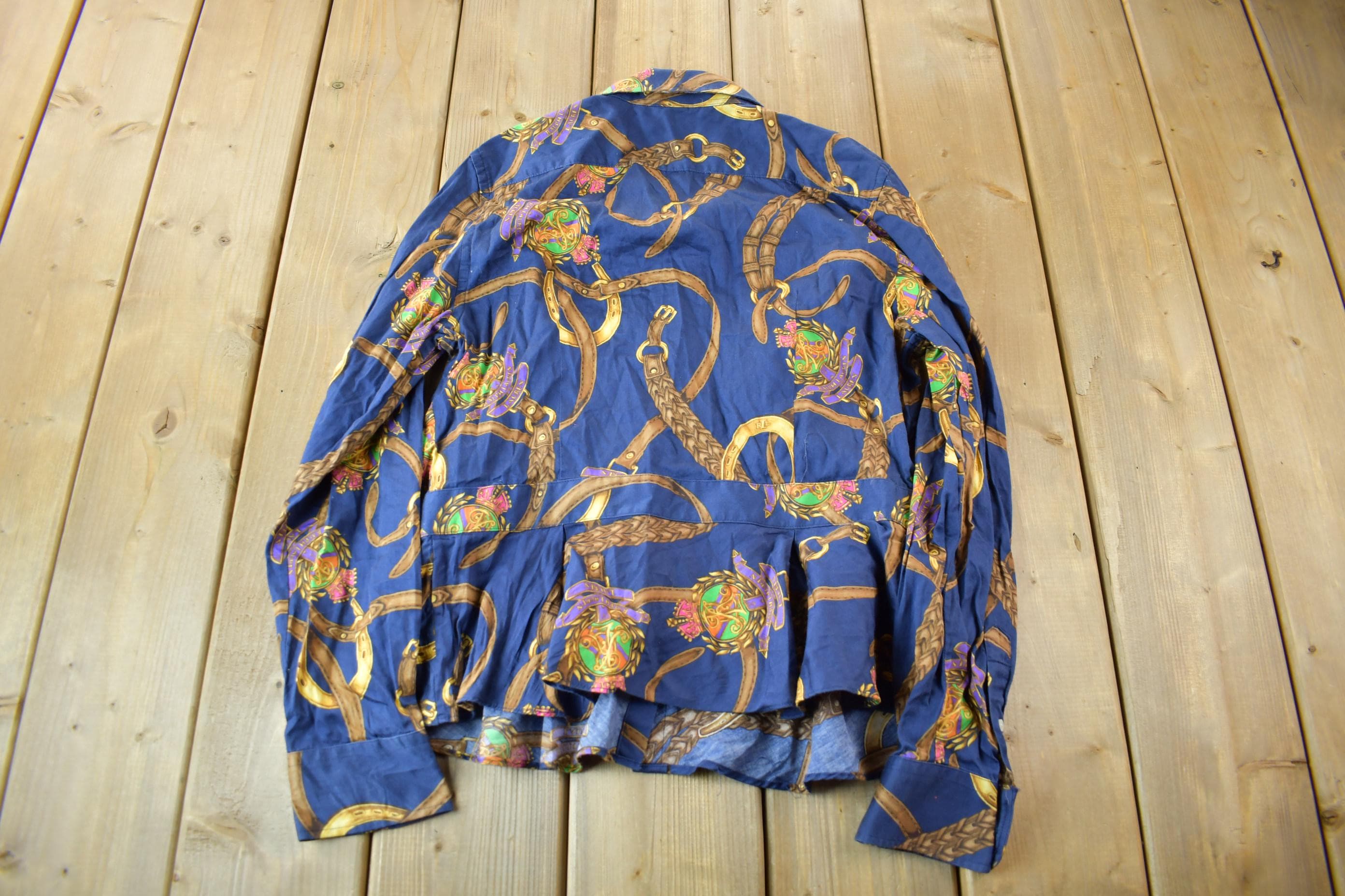 Vintage 1990s Lauren Ralph Lauren Equestrian Theme All Over Print Women's Blouse