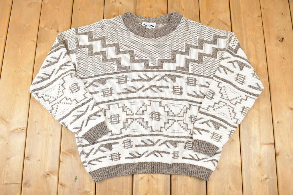 Vintage 1990s Essentiels Abstract Knit Crewneck Sweater Mens L  90s Knitted Sweatshirt  Vintage Preppy Knits
