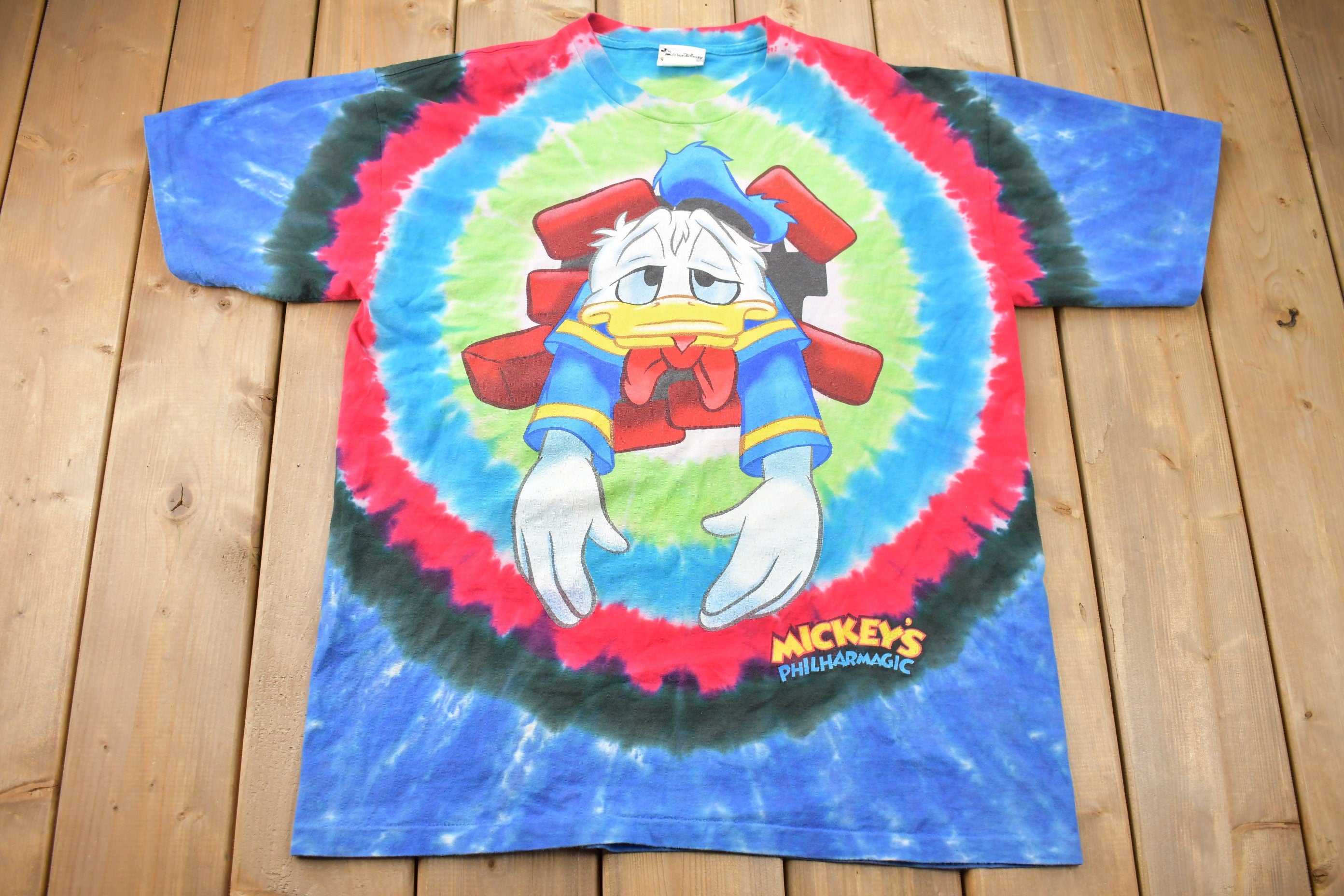 Vintage 1990s Donald Duck Mickeys Philarmagic Doubled Sided Tye Dye Disney T-Shirt AOP