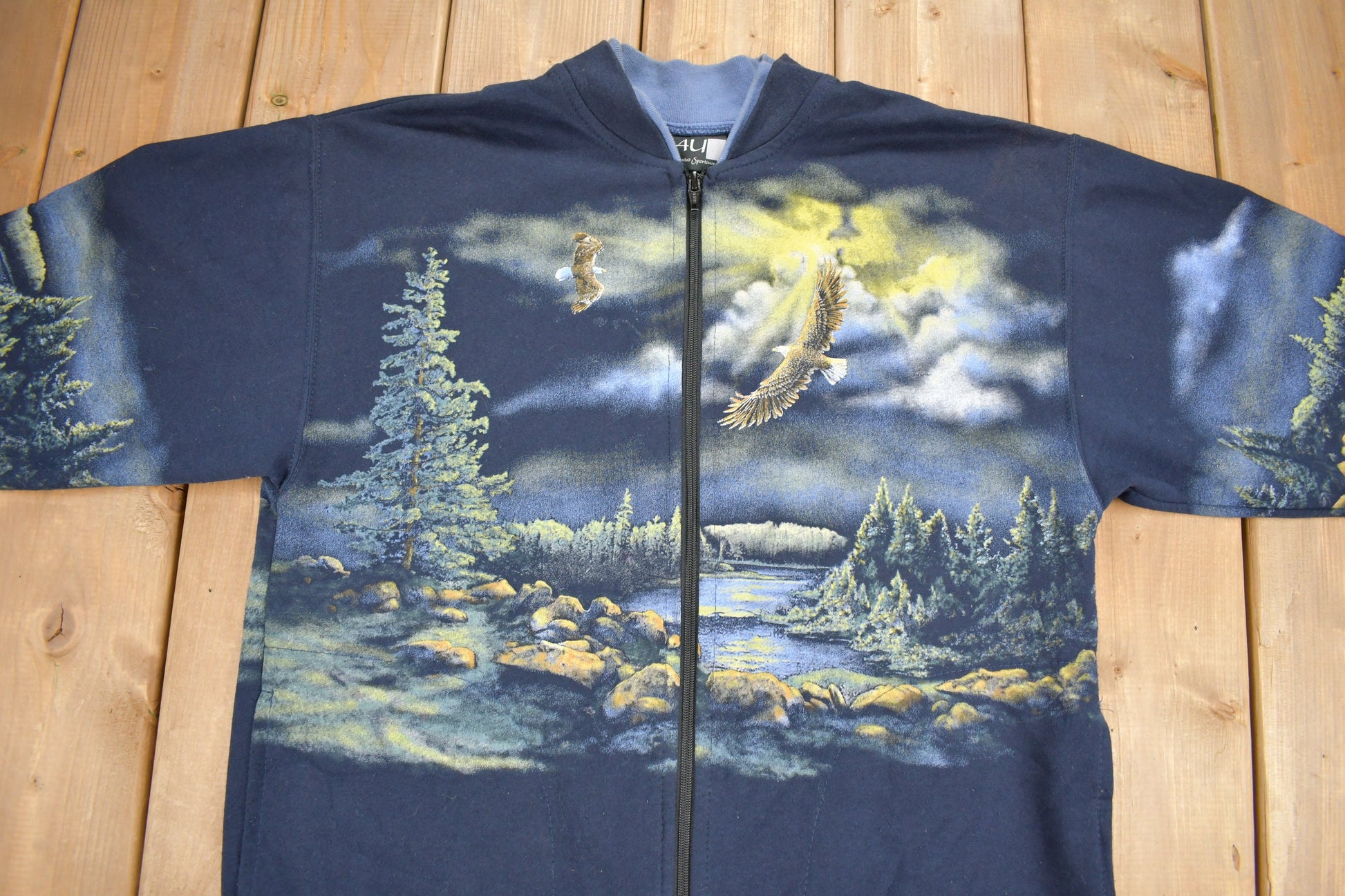 Vintage 1990s Bald Eagle Theme All Over Print Zip Up Sweater / Outdoorsman / Grandpa Sweater / Made In USA / Art Unlimited