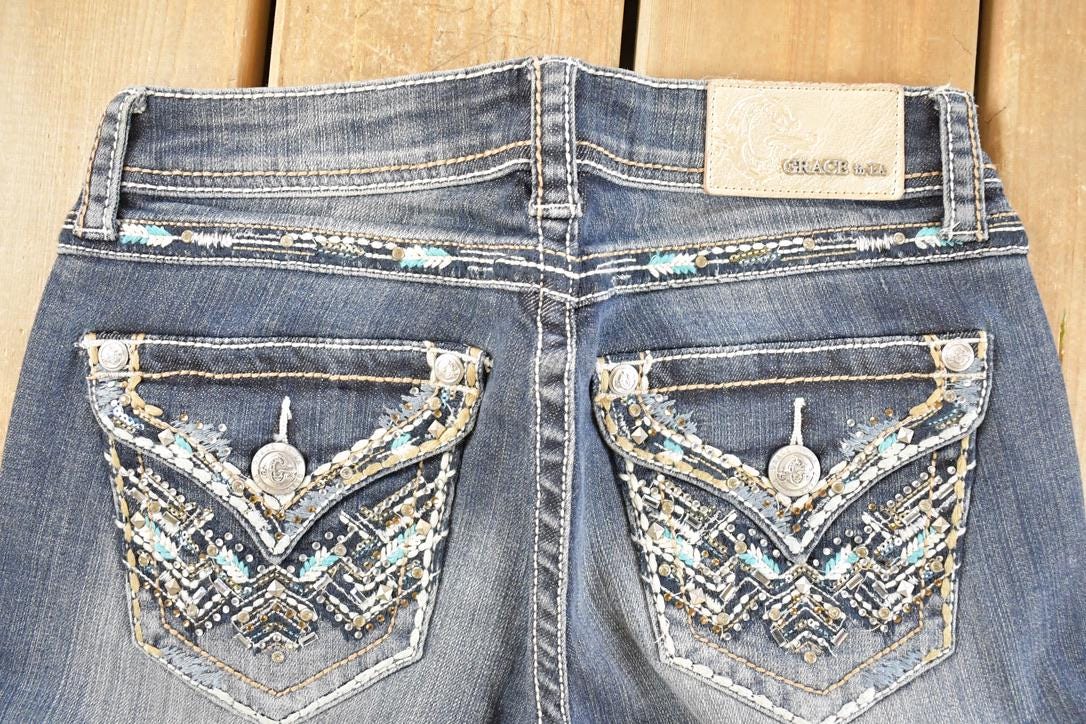 Vintage Deadstock Y2K Grace In LA Bedazzled Low Rise Jeans Women's Size 27 x 32