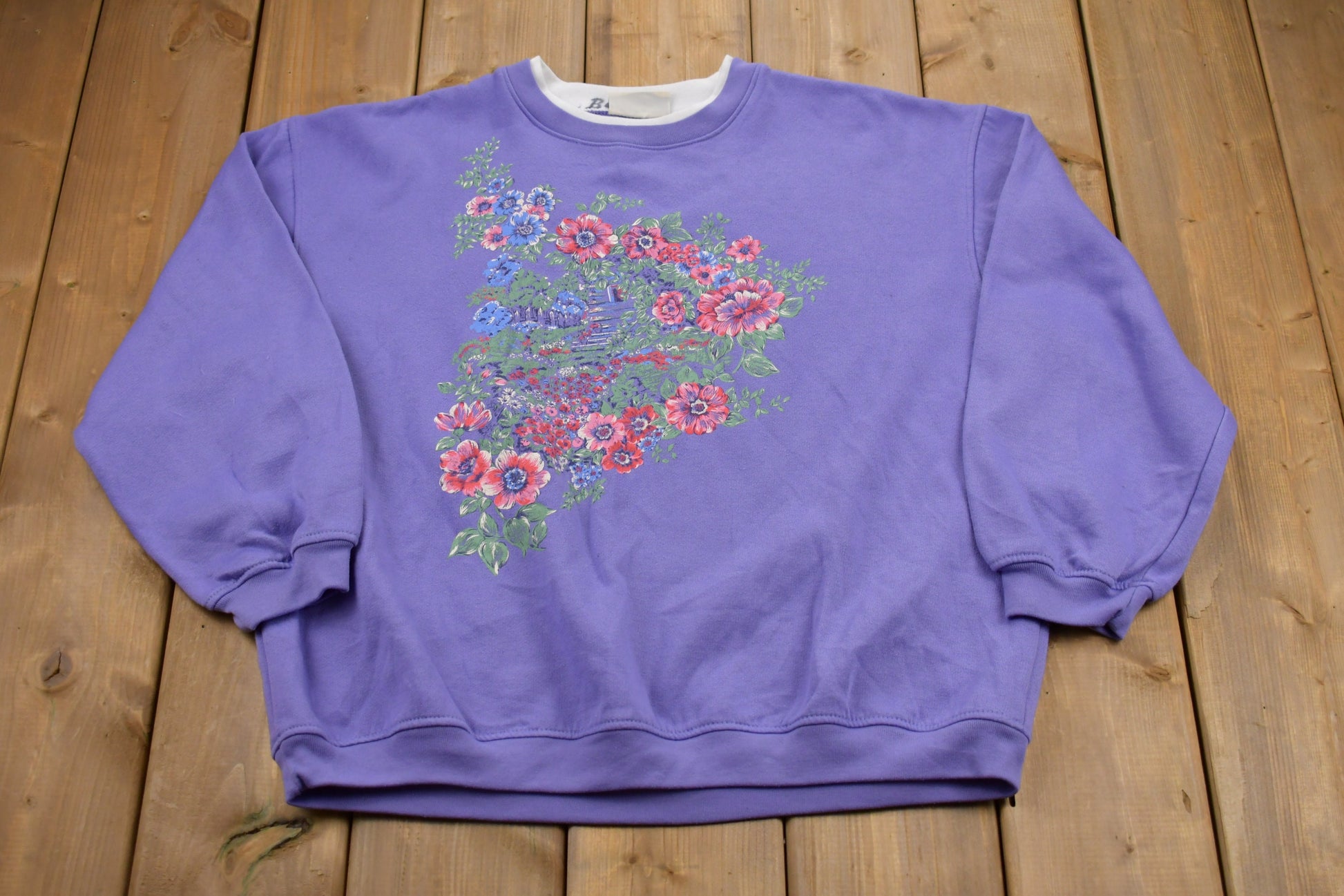 Vintage 1980s Basic Editions Double Collar Floral Graphic Crewneck Sweatshirt