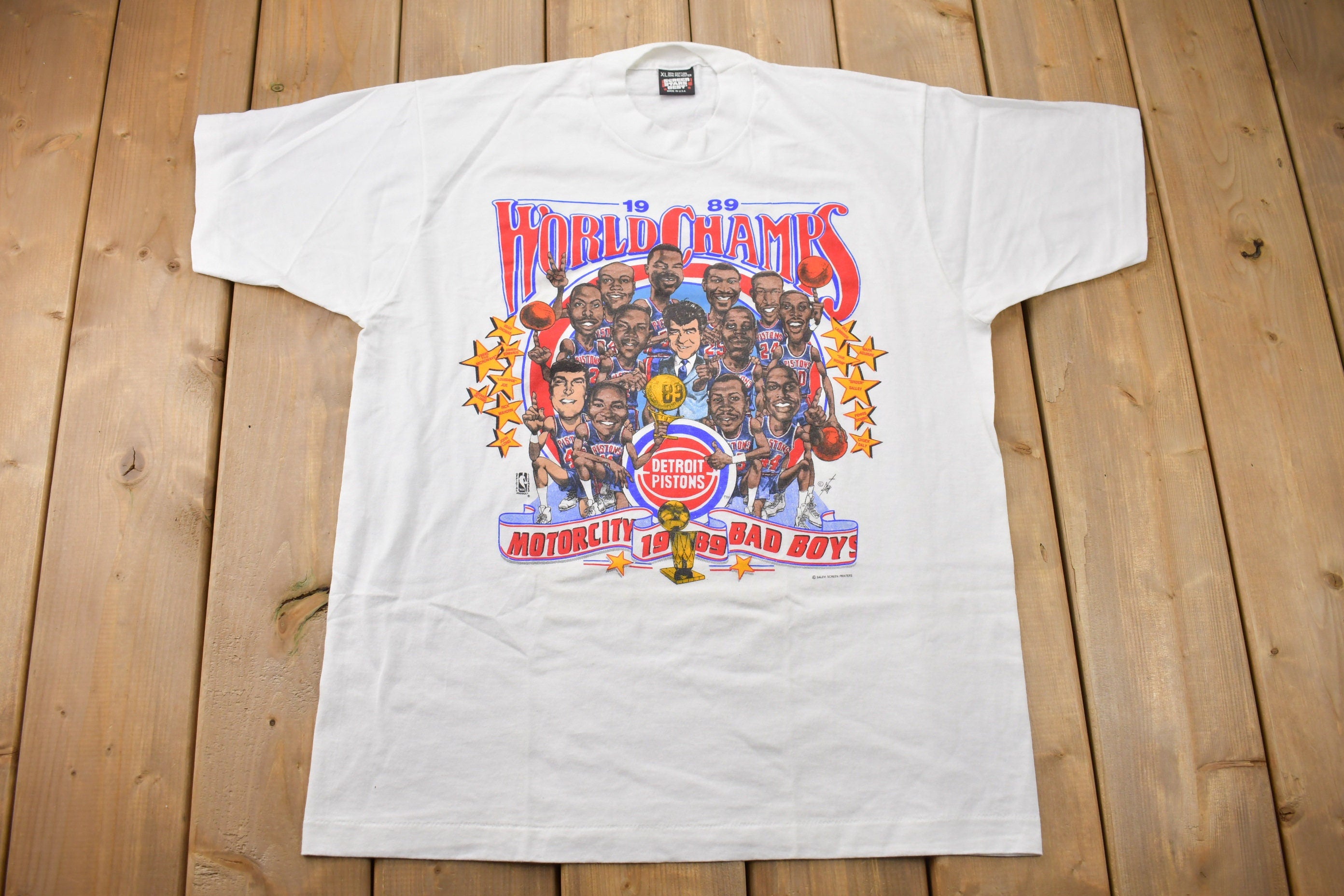Vintage 1989 Detroit Pistons NBA World Champs Big Head Graphic T-Shirt