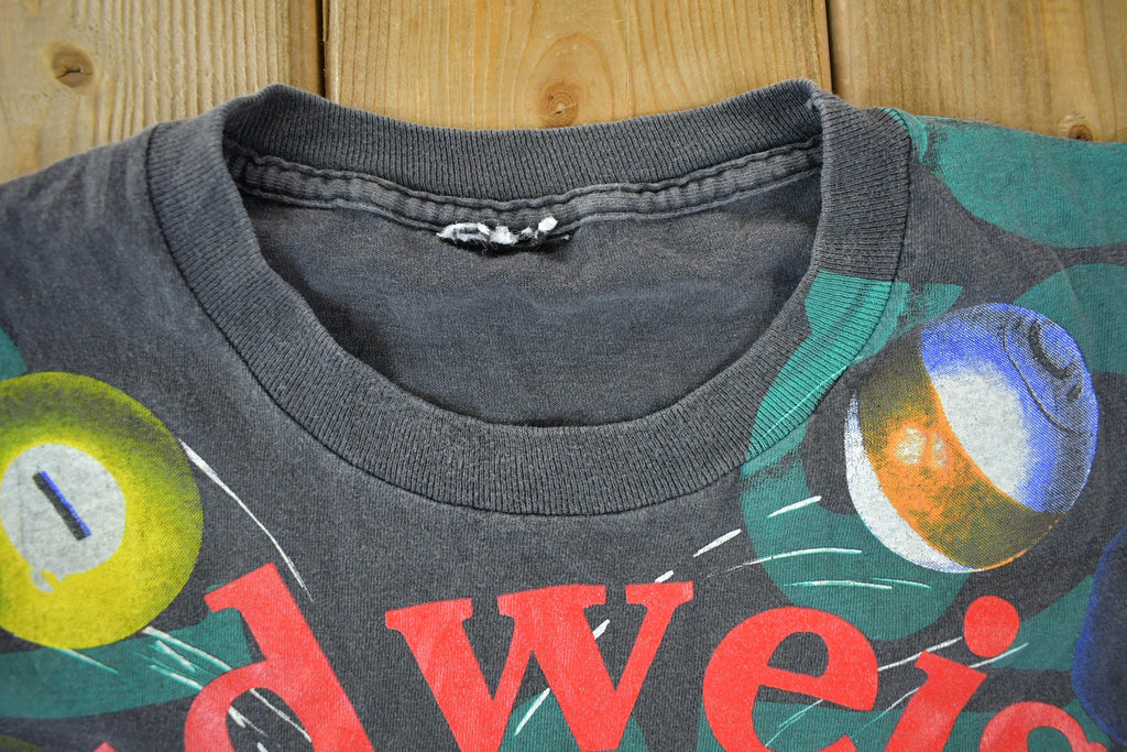 Vintage 1992 Budweiser Billiards Pool All Over Print Graphic T-Shirt Men's Large