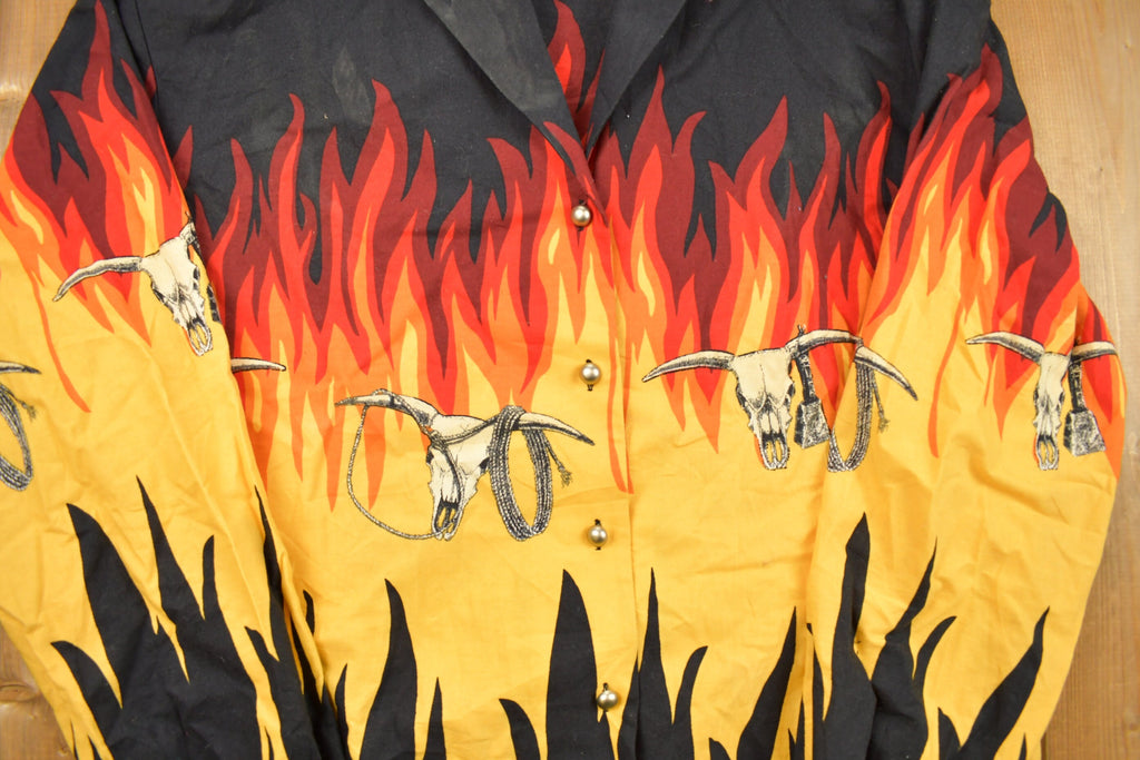 Vintage 1990s Flames and Skulls Roper Button Up Shirt