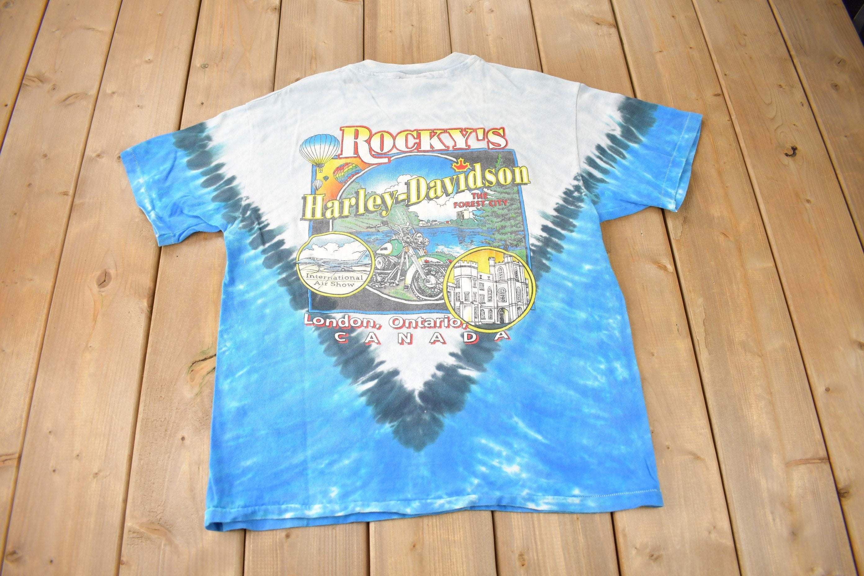 Vintage 1991 Rocky's Harley Davidson London Ontario Tie Dye Eagle Graphic Single Stitch T-Shirt Made In USA