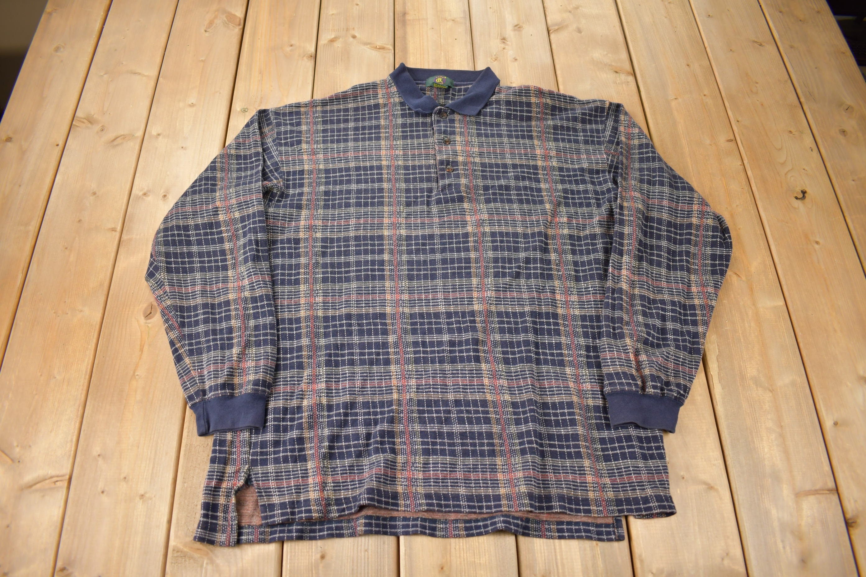 Vintage 1990s Club Room Quarter Button Plaid Collared Crewneck Sweatshirt Size M