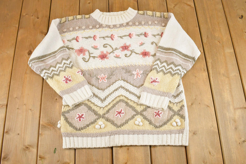 Vintage 1990s BP Design Floral Chunky Knit Crewneck Sweater Womens M /