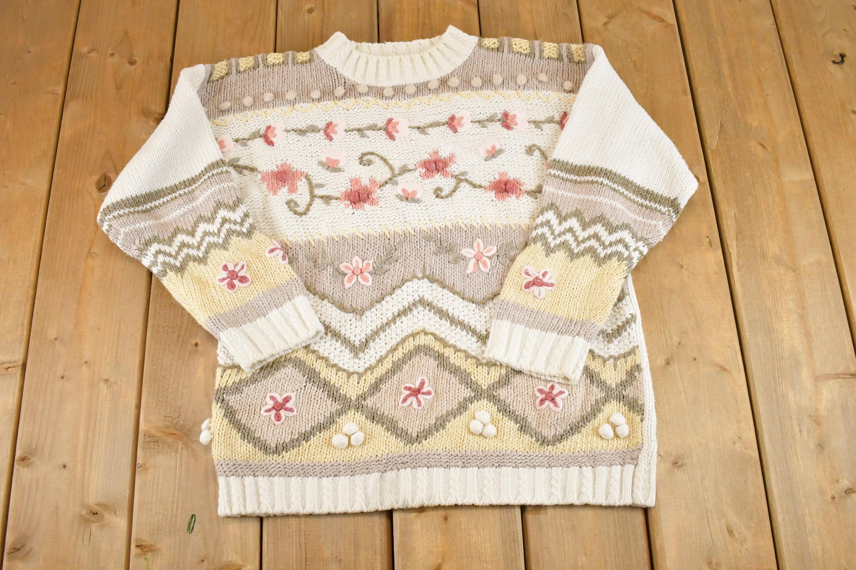 Vintage 1990s BP Design Floral Chunky Knit Crewneck Sweater Womens M /