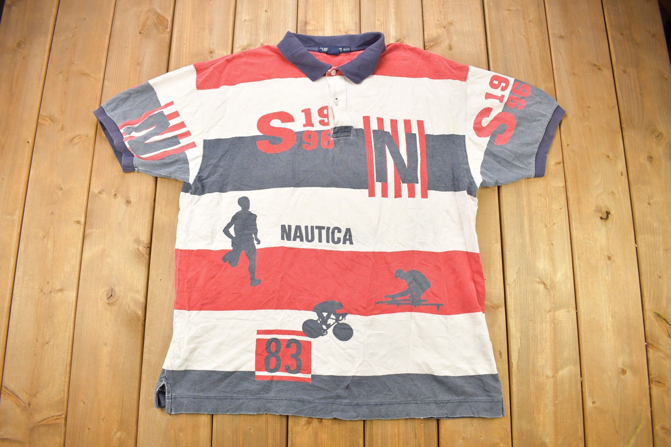 Vintage 1990s Nautica Olympic Games Color Block Polo Shirt / All Over Print / Streetwear / Vintage Nautica / Golf Shirt / Vintage Nautica