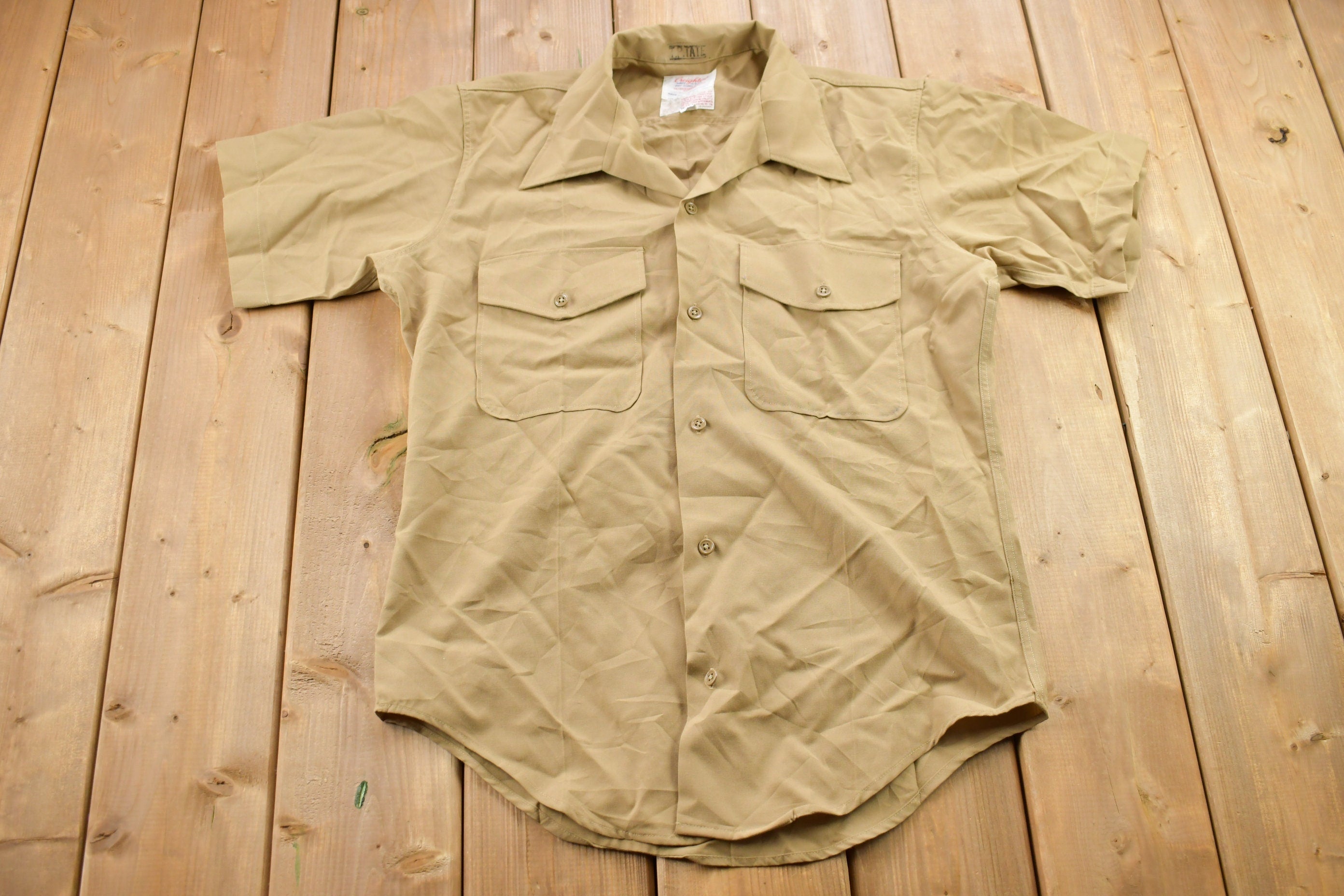 Vintage 1990s Blank Beige U.S.M.C. Military Button Up Shirt
