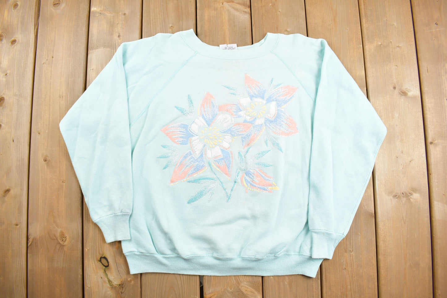 Vintage 1980s Cute Abstract Flowers Crewneck Sweater / 80s Crewneck / Grandma Sweater / Pastel / Made In USA / Art Graphic / Raglan