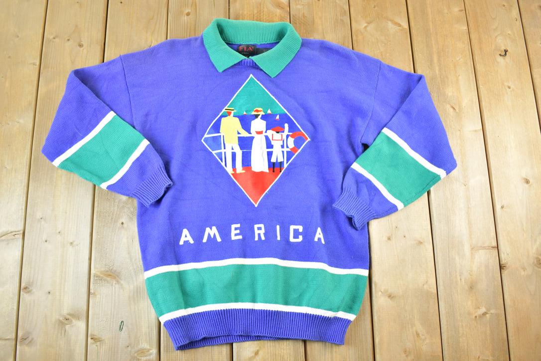 Vintage 1990s America Knit Boat Watching Collared Crewneck Sweater Mens S