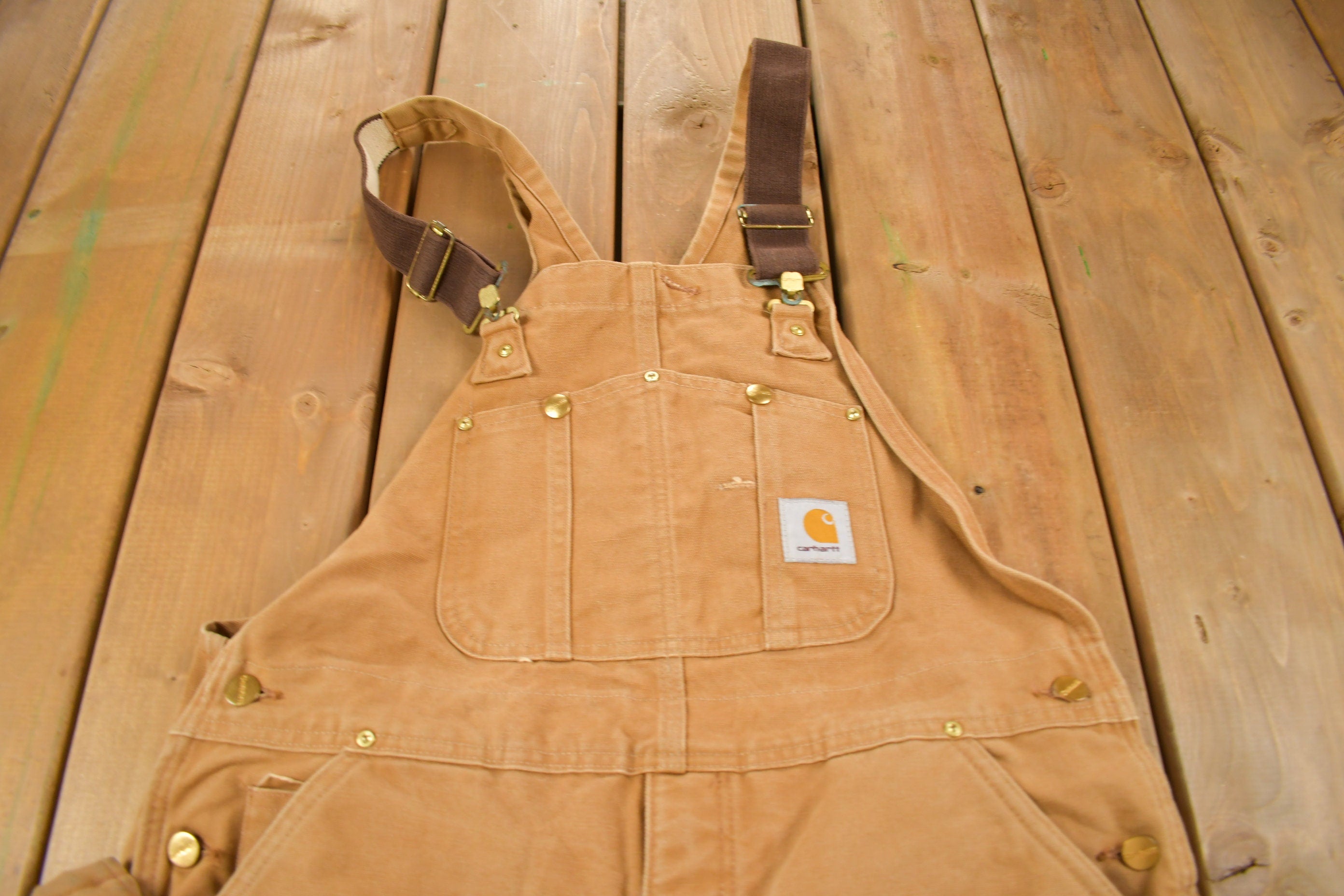 Vintage 1990s Carhartt Beige Double Knee Canvas Quilted Overalls Size 38 x 30