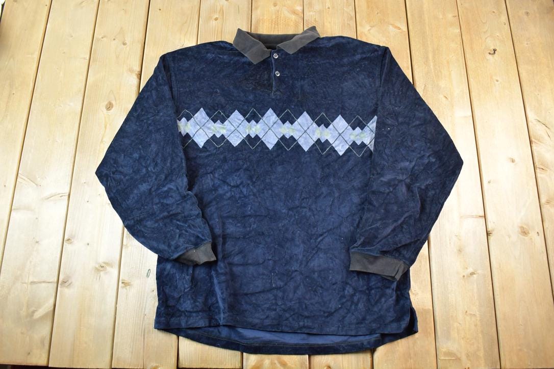 Vintage 1990s Montage Collection Collared Argyle Print Crewneck Sweatshirt Mens M