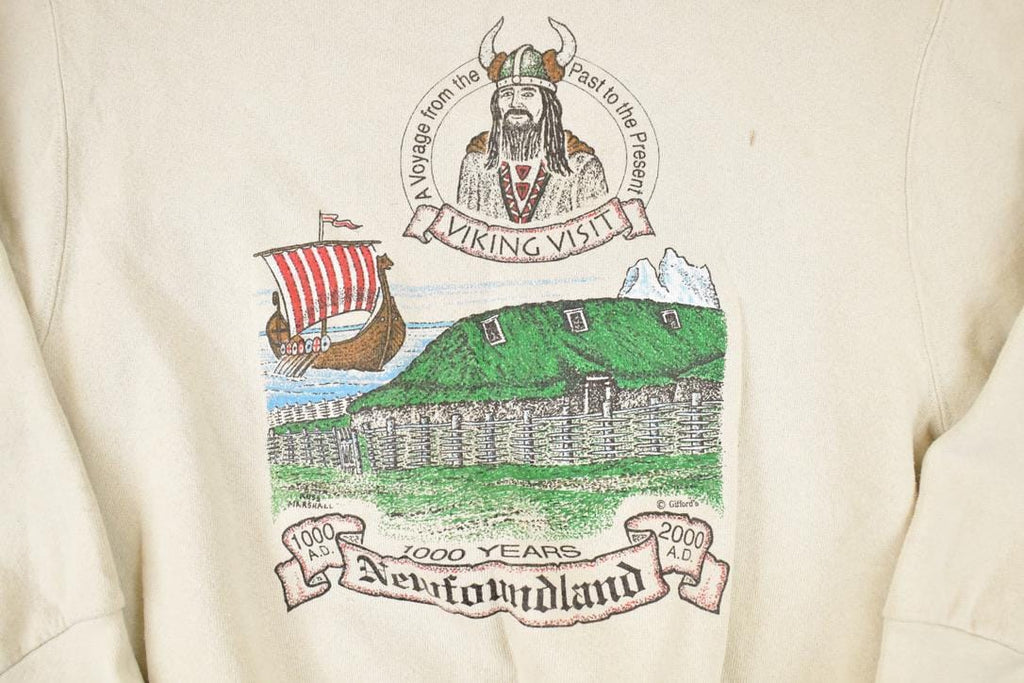 Vintage 1990s Newfoundland Viking Graphic Print Crewneck Sweatshirt Men's M