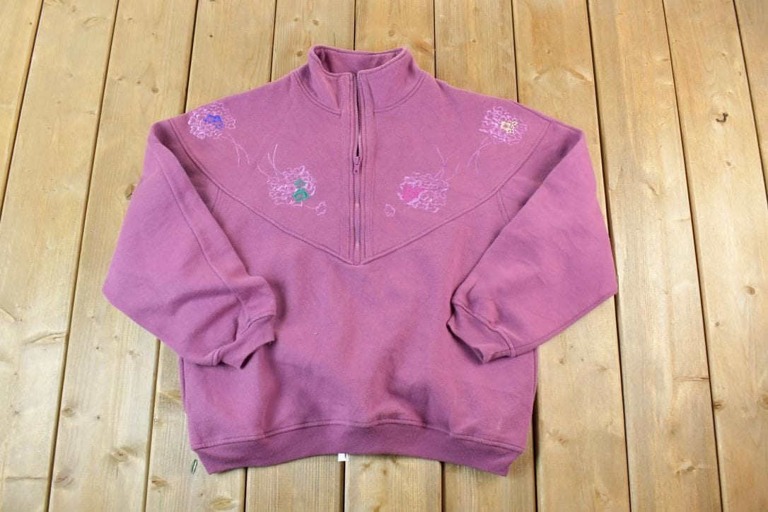 Vintage 1990s Quarter Zip Floral Embroidered Outdoorsman Crewneck Sweatshirt