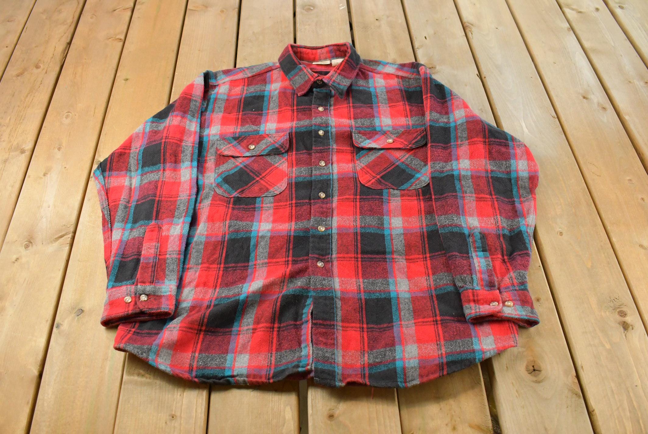 Vintage 1990s Five Brother Plaid Flannel Button Up Shirt Men's 2XL Tall
