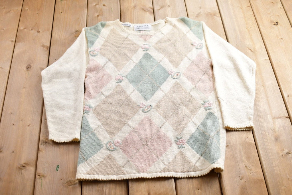 Vintage 1990s Jantzen Hand Embroidered Argyle Crewneck Sweater