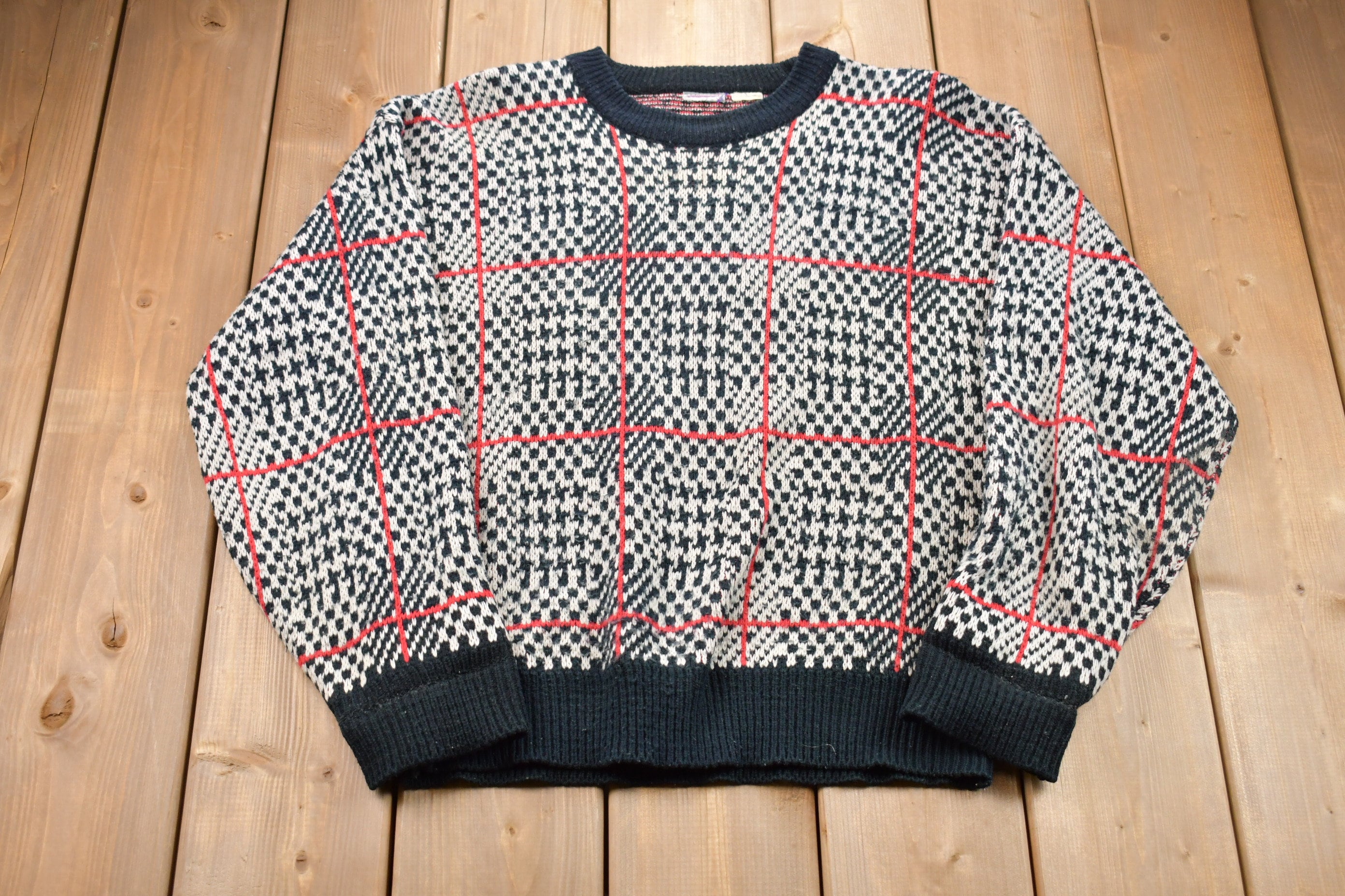 Vintage 1990s Plaid Houndstooth Knitted Sweater