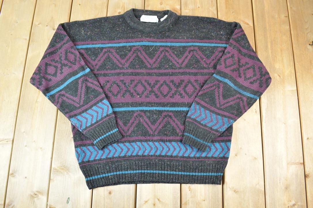Vintage 1990s Functionals Knit Abstract Pattern Crewneck Sweater Made In USA 90s Crewneck