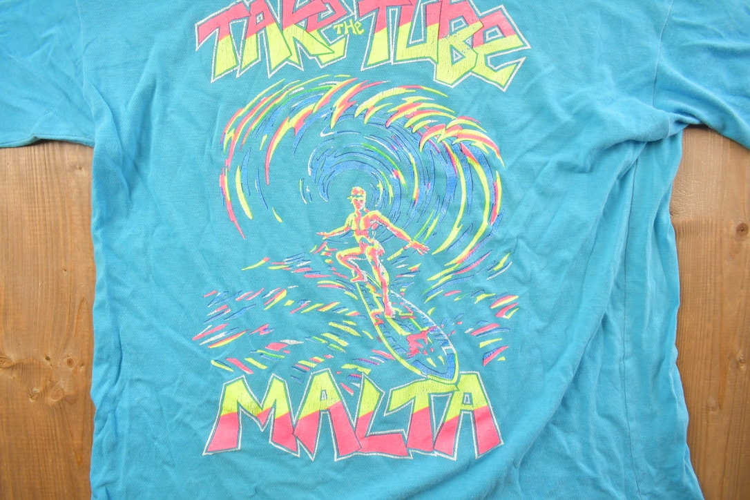 Vintage 1990s "Take The Tube" Malta Surf Graphic T Shirt