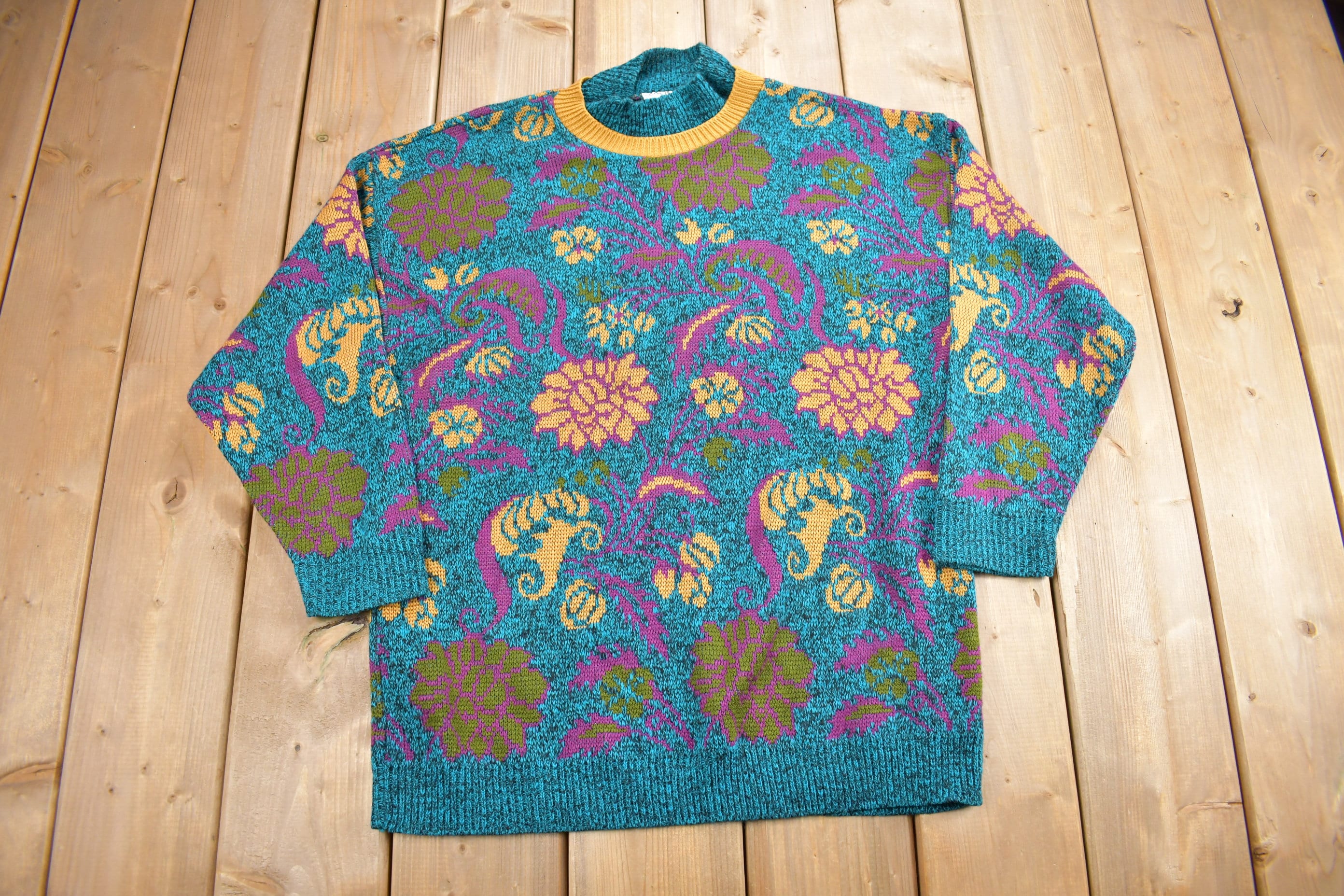 Vintage 1990's Floral Theme Knit Mockneck Sweater